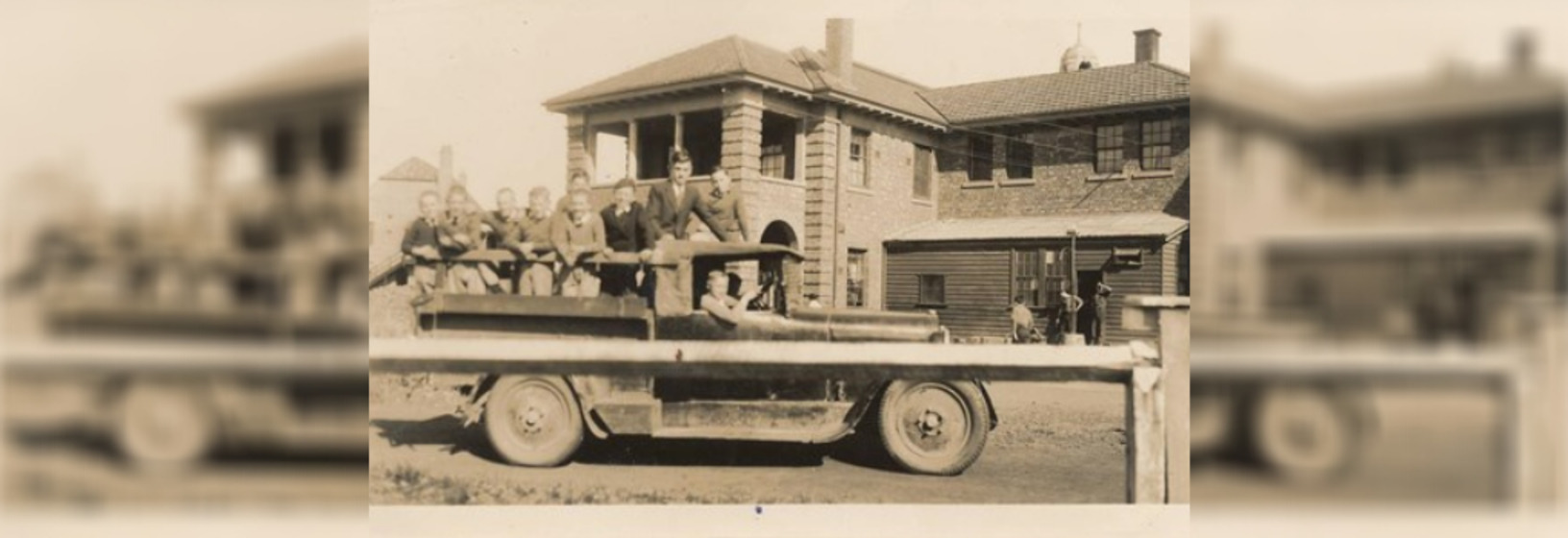 Collage of photo of boys on the back of a truck in front St Paul's Orphanage