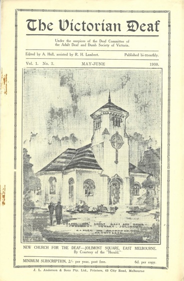 Printed document depicting a building and two people