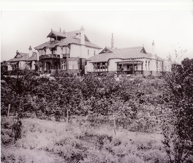 Large house in the distance behind shrubs