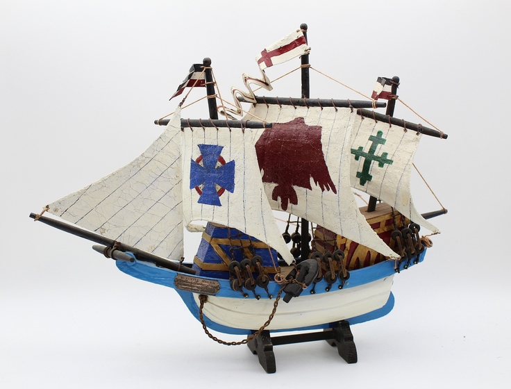 Model ship in blue and white