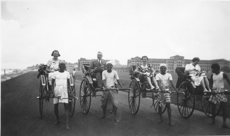 4 people being pulled in rickshaws, in Colombo, Black and white.