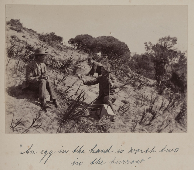 Three men are on a sandy hillside, looking toward one man who holds a large egg in one hand and a long stick in the other.