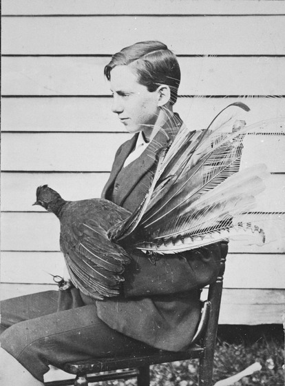 A smartly-dressed teenage boy sits on a wooden chair holding a lyrebird.