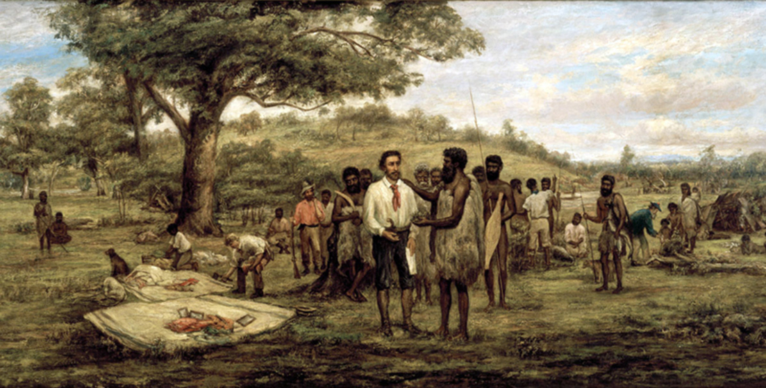 European men mingle with Aboriginal community, talking and sharing goods