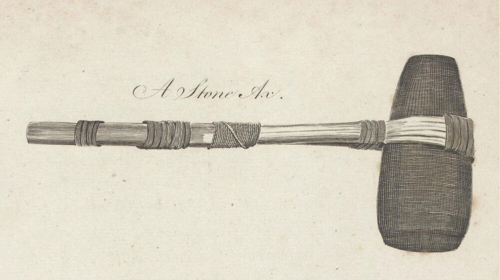 a  stone axe with rope bindings drawn in detail