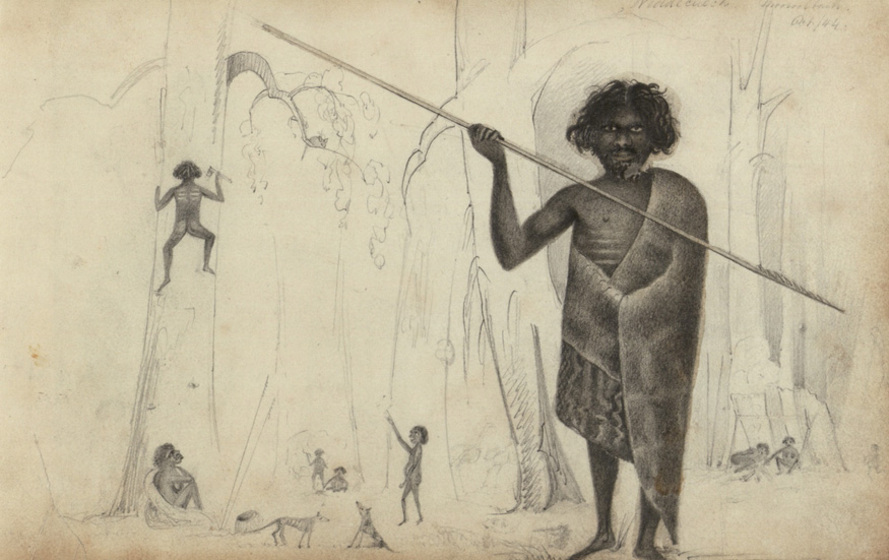 a man stands in the foreground, drawn in possum sking cloak with spearin hand - busy daily life takes place around him