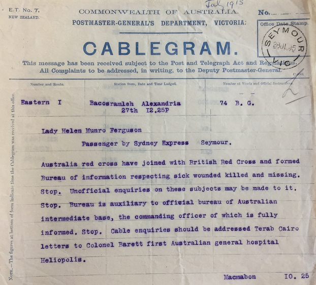 Cablegram with first line 'Australia red cross have joined with British Red Cross and formed Bureau of information respecting sick wounded killed and missing' . Signed Macmahon I0.25