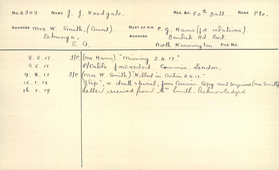 Card with Joseph Woodgate's next of kin details and handwritten notes and dates detailing the progress of his inquiry.