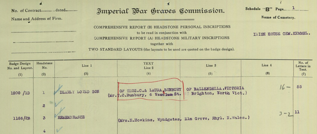 A typed form listing inscriptions for gravestones for a cemetery
