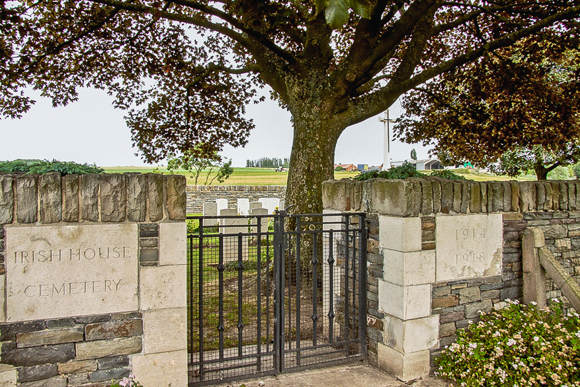 An entrance to an established cemetery with a tree in the foreground and graves in the background.