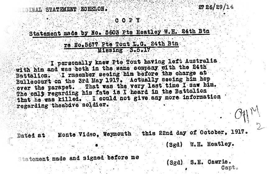 Typewritten report of an eyewitness to Leonard Tout's last known location