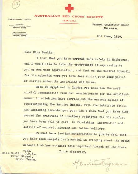 Typewritten letter on Australian Red Cross Society letterhead