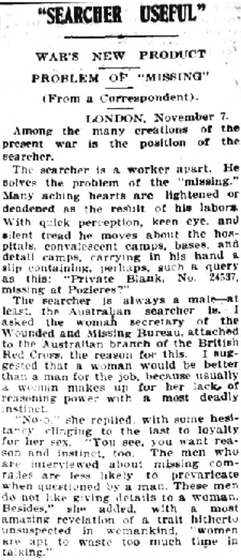 Newspaper report with headline 'Searcher Useful: War's New Product: Problem of "Missing"'