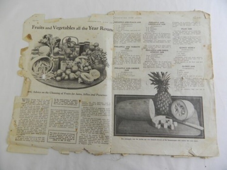 A black and white printed magazine with illustrations of fruit and vegetables.