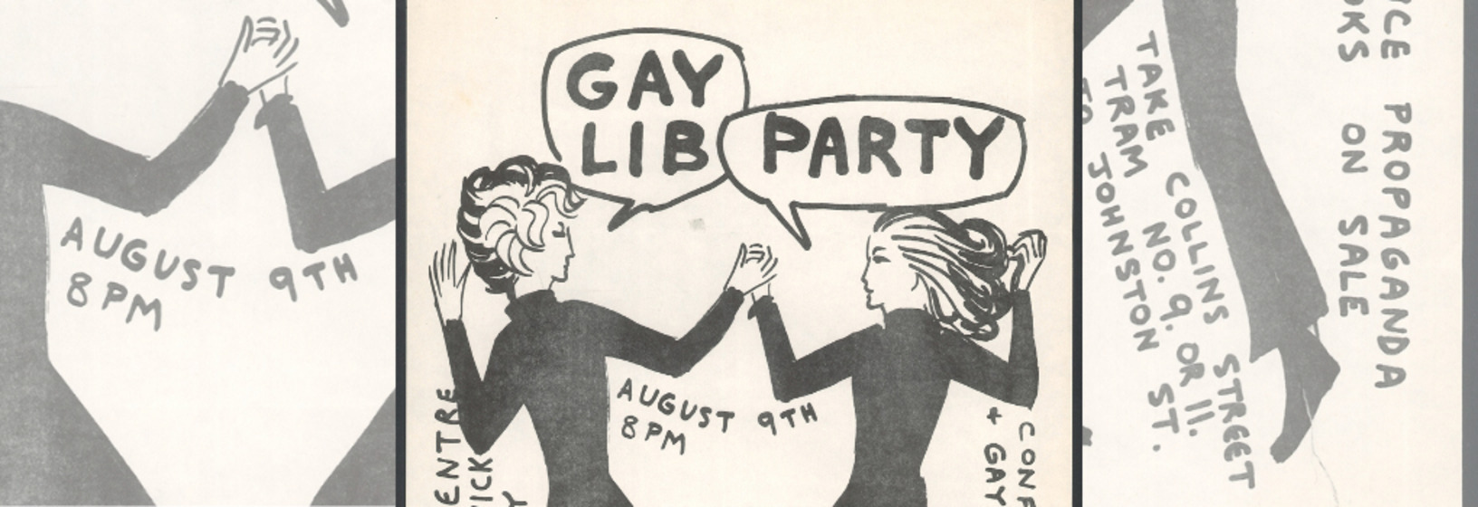 Black and white poster of two people dancing, collaged to create a banner image