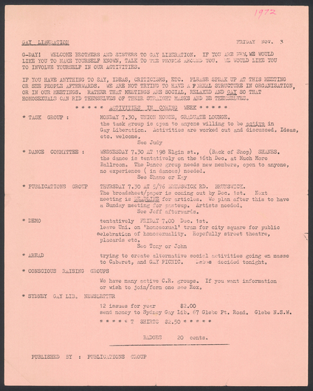 Typed flyer on pink paper, 'Gay Liberation: Activities in the Coming Week'.