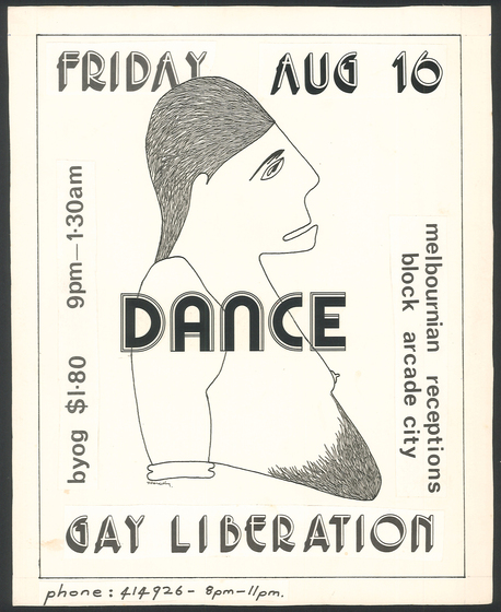 Flyer of stylised illustration in black on white of a person in profile with text.