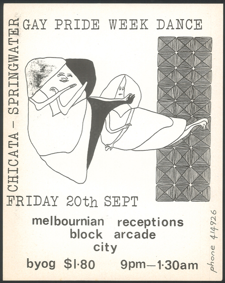 Flyer with black on white illustration of two stylised figures with text.