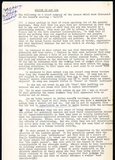 Page of typed text, 'Sexism in Gay Lib'.