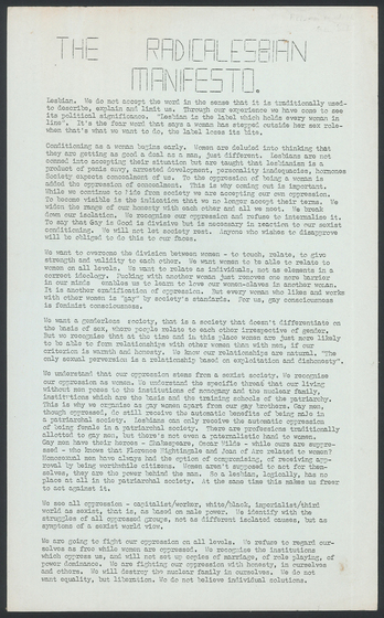 Page of typed text on blue paper, 'The Radicalesbian Manifesto'.