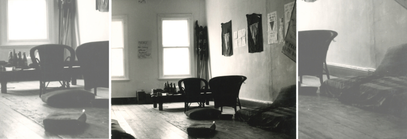 Black and white image of two bucket chairs in a room with a single window in the background and two artworks on the opposite wall, collaged to create a banner image
