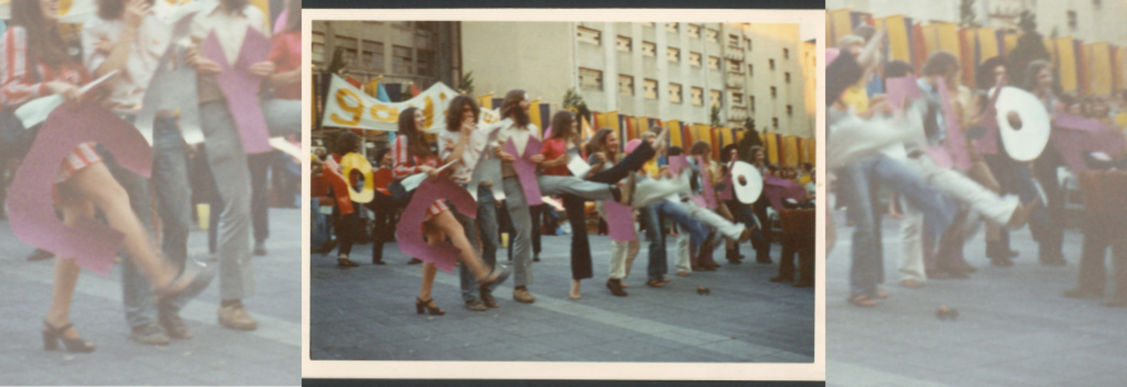A line of people in a demonstration walking together along a street with a white building in the background, collaged to create a banner image