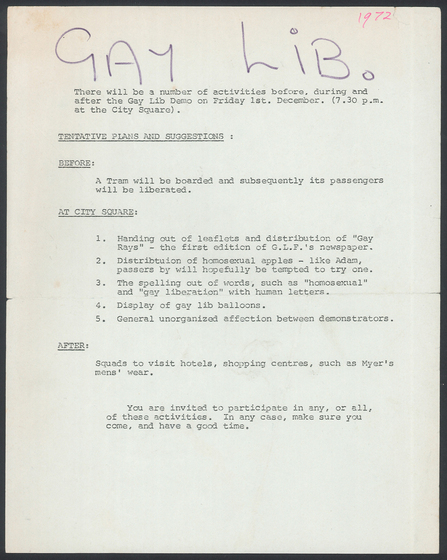 Typed and copied flyer, 'Gay Lib: Tentative plans and suggestions'.