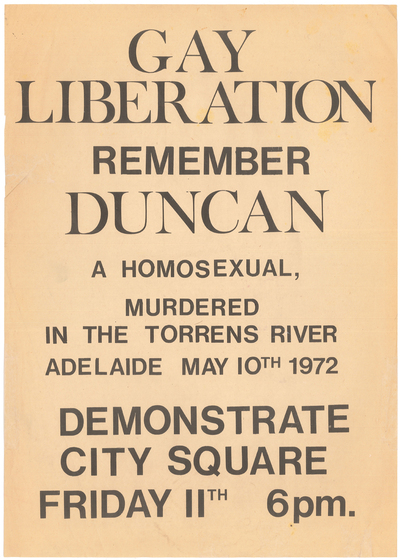 Poster for demonstration commemorating the murder of George Duncan, printed black lettering on cream paper.
