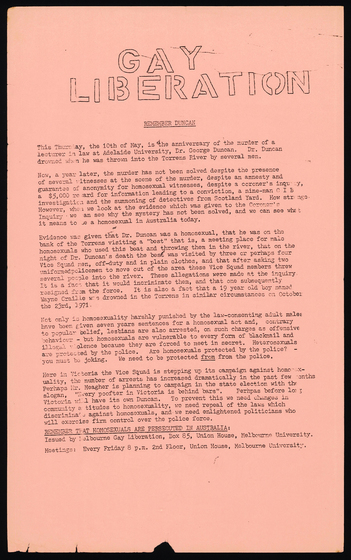 Typed and copied flyer ''Gay Liberation: Remember Duncan', black type on pink paper.
