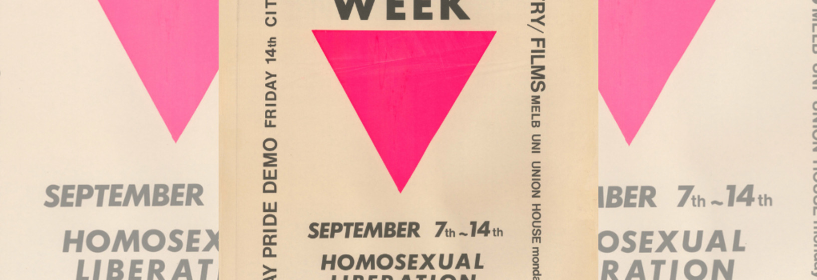 Poster with black lettering on white background surrounding a large inverted pink triangle, collaged to create a banner image.