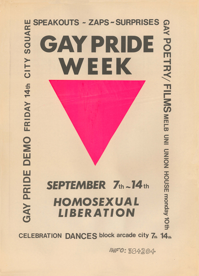 Poster, 'Gay Pride Week', black lettering on white background surrounding a large inverted pink triangle.