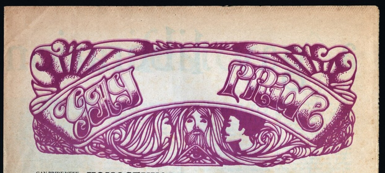 Illustrated purple ink on white background scroll reads 'Gay Pride' with 3 faces (two profile) and scrolling pattern