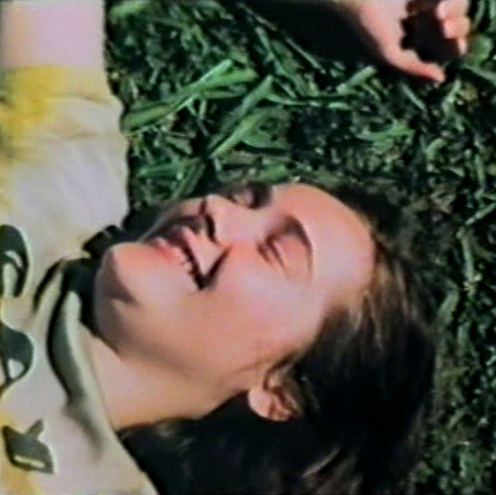 Colour photograph, close up, woman lying on grass smiling.