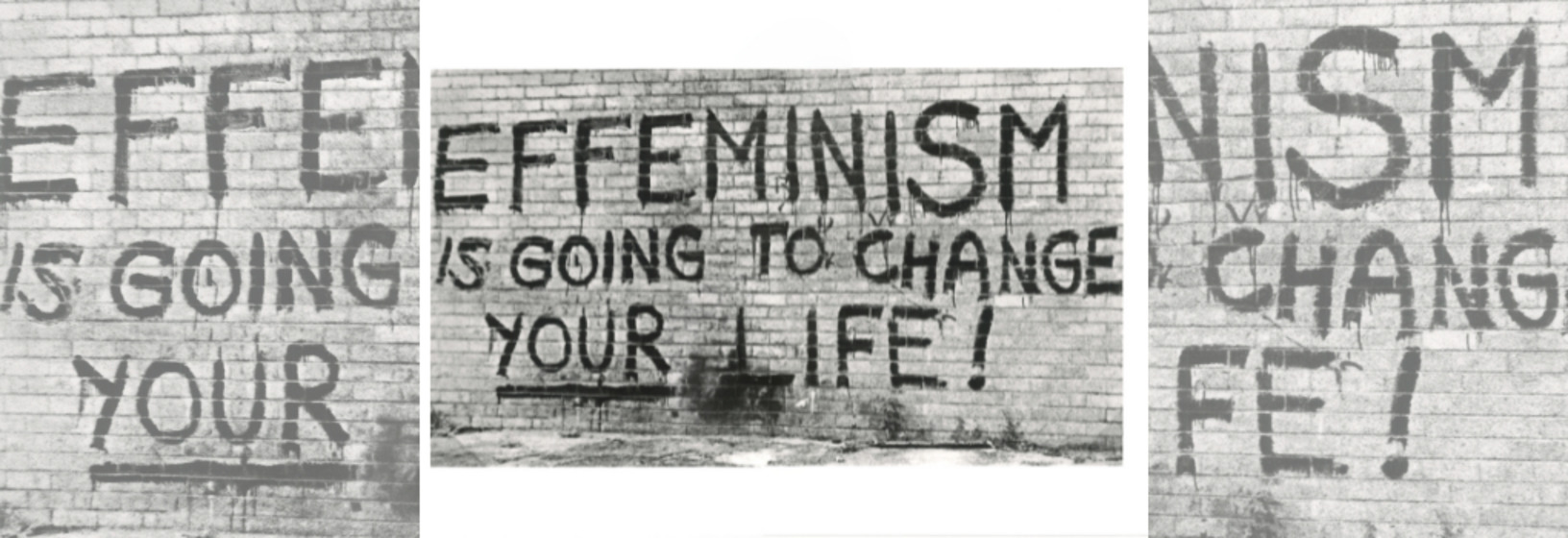 Black and white photograph of graffiti spray painted on a brick wall collaged to create a banner image