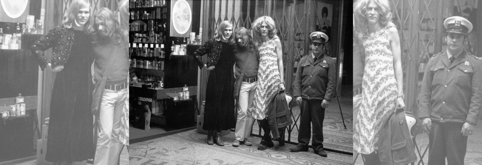 Black and white photograph of two men in drag, a male companion and a male security guard outside a shopfront, collaged to create a banner image.