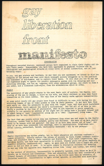 Cover of a typed document, 'Gay Liberation Front Manifesto'. Black text on buff coloured paper.
