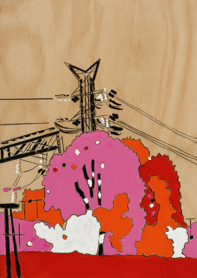 Bright pink, red and white tree shapes in front of a black electricity tower, powerlines and exposed plywood background.   