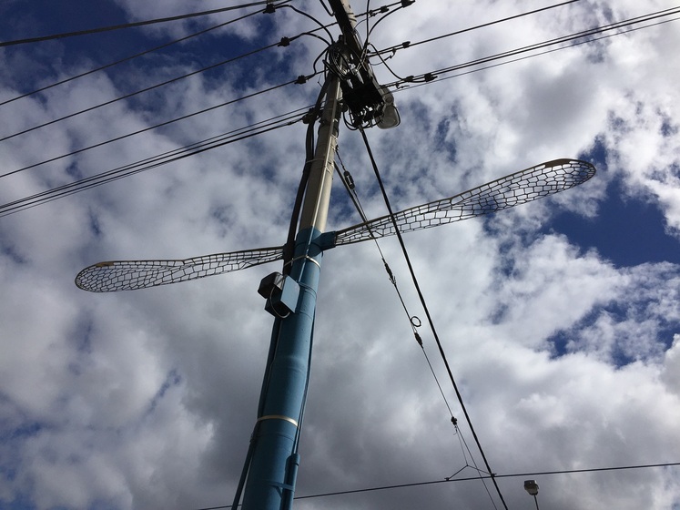 Power pole and wires from below in front of cloudy sky. Two silver metal dragonfly wings are attached to the pole. 
