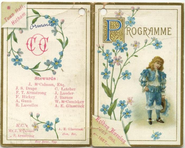 Programme with drawings of botanicals and a lady dressed in decorative clothing