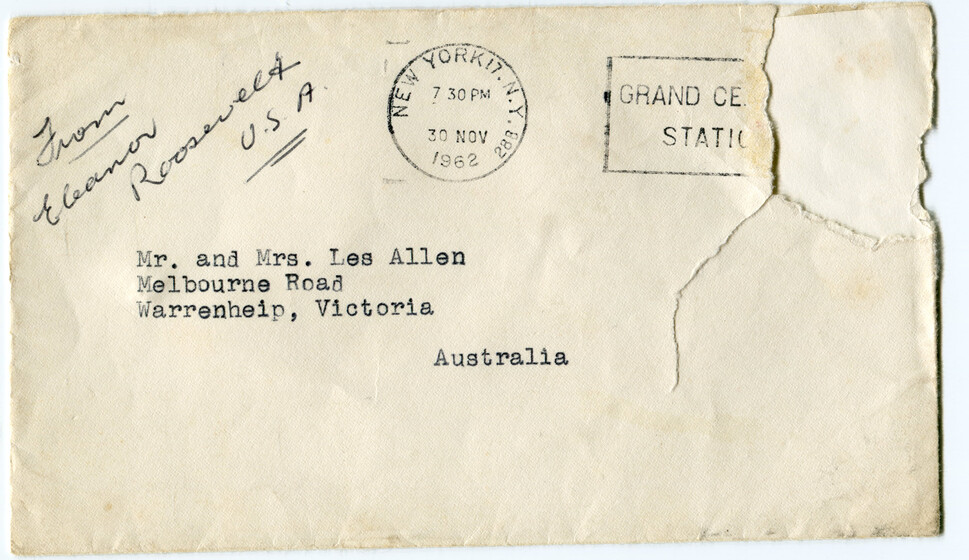 White envelope with typewritten address to Mr and Mrs Les Allen. Handwritten note, 'From Eleanor Roosevelt, USA.' Postmarked 'New York, 30 November 1962.'