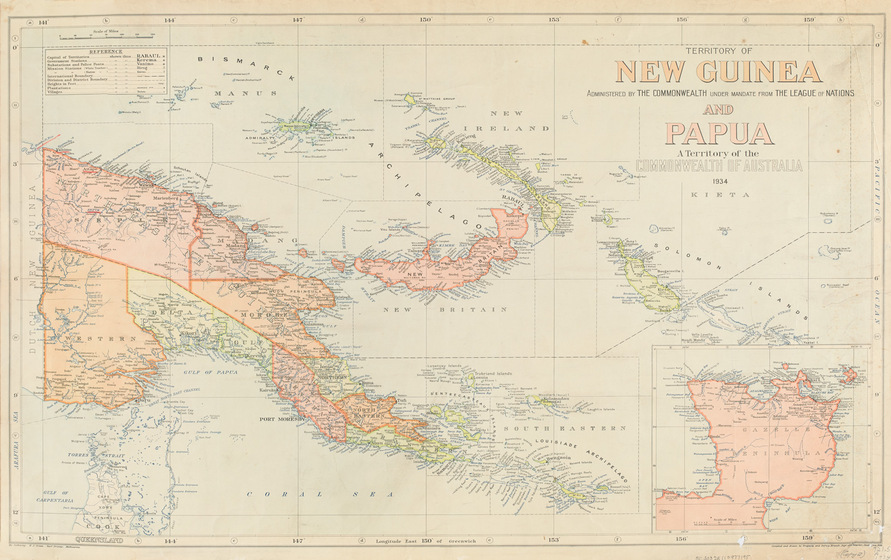 Printed colour map of New Guinea and Papua and surrounding islands.
