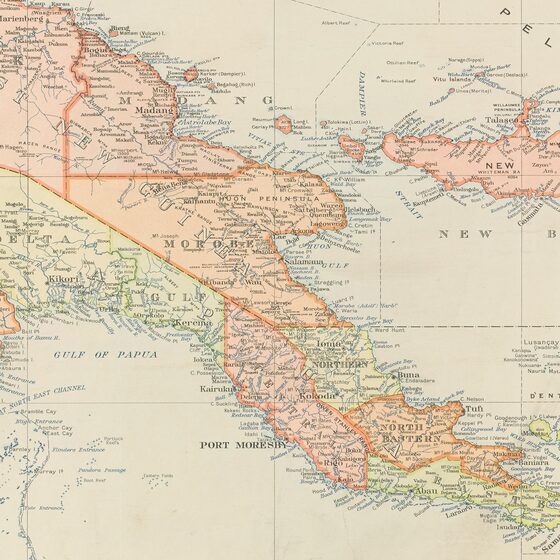 Detail of printed colour map of New Guinea and Papua and surrounding islands.