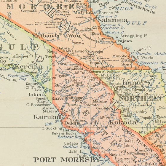 Detail of printed colour map of New Guinea and Papua and surrounding islands.