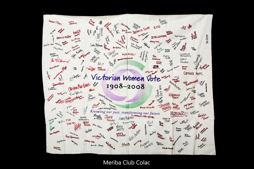 Banner with the Victorian Women Vote 1908 to 2008 logo with signatures hand written over it.