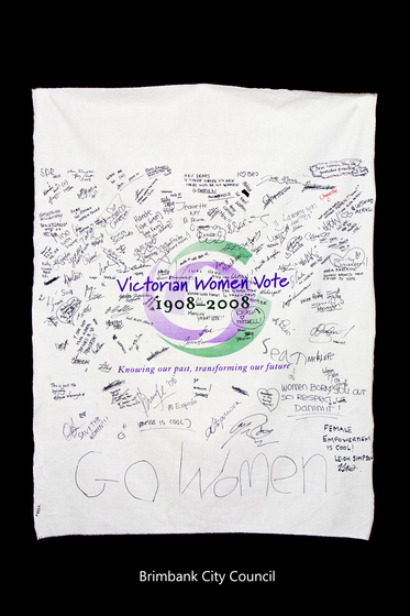 Banner with the Victorian Women Vote 1908 to 2008 logo with signatures hand written over it.