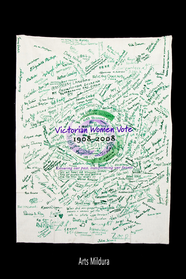 Banner with the Victorian Women Vote 1908 to 2008 logo with signatures hand written over it.