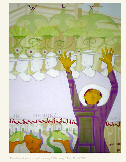 Painting of a woman in purple with arms raised.