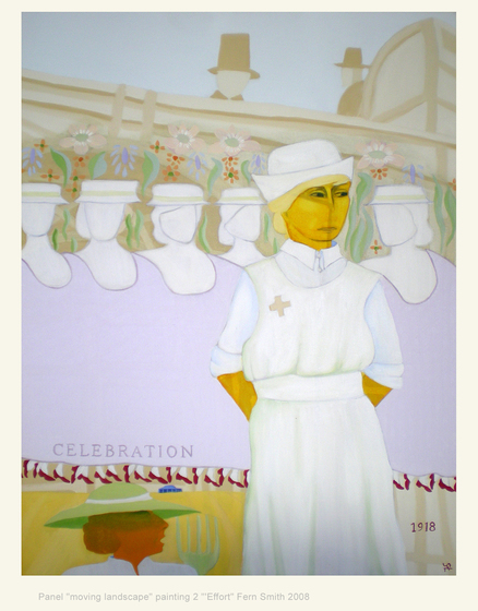 Painting of woman in a white nurse's uniform.
