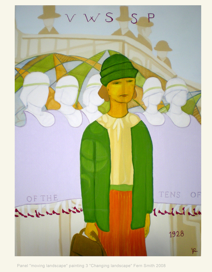 Painting of a woman in green coat, red dress and green hat.