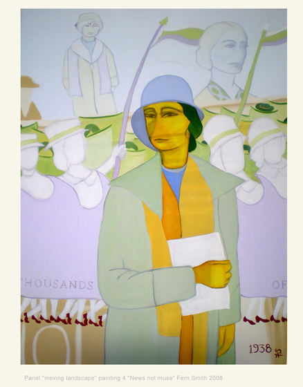 Painting of a woman in a blue hat and grey coat holding a white rectangle.
